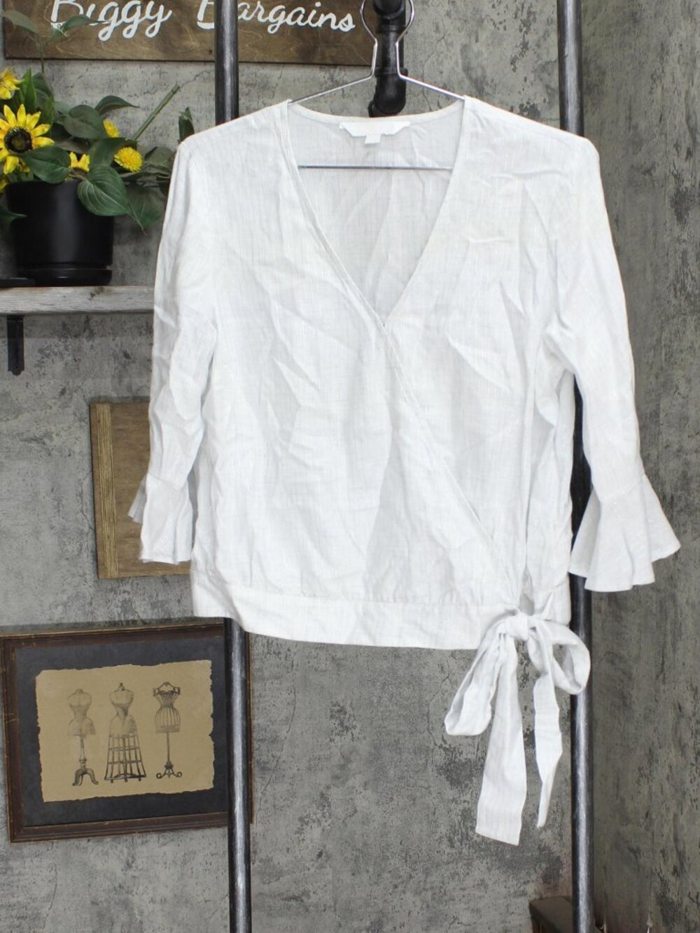 White Bell Sleeve Tie Front Blouse Shirt Top Lurex See Measurements